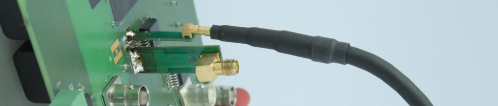 Two M-Shunt high-precision current sensors soldered onto a double-pulse test PCB for fast-switching power electronics applications. © M-SHUNT